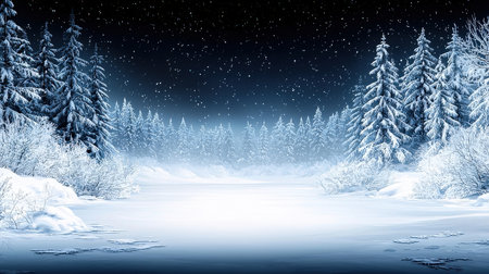 Winter landscape with snowy fir trees and falling snowflakes at nightの素材