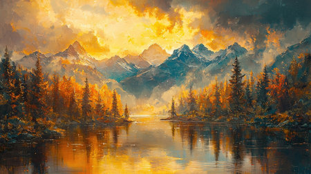 Mountain landscape with lake and forest at sunset. Digital painting.の素材