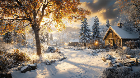 Beautiful winter landscape with a wooden house in the village at sunsetの素材