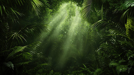 Sunlight in the jungle. 3d illustration. Natural background.の素材