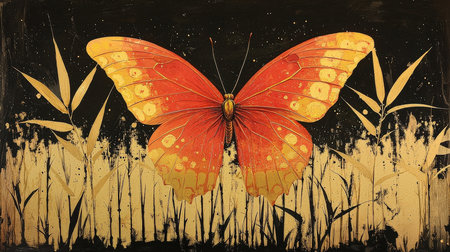 butterfly painting on grunge background with grass and bamboo.の素材
