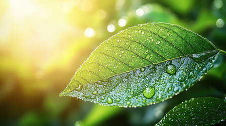 Green leaves with drops of water in the morning. Nature background.の素材