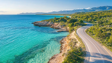 Aerial view of a road leading to the sea in Sardinia, Italyの素材