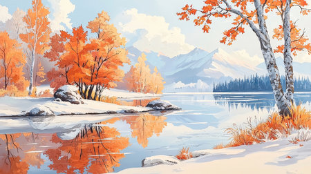 Beautiful winter landscape with lake, forest and mountains. Digital painting.の素材