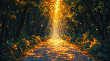 Autumn forest with path and sunbeams. 3d renderingの素材