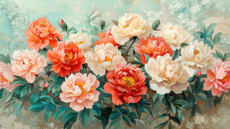Peony flowers on a vintage background. Wallpaper with peonies.の素材