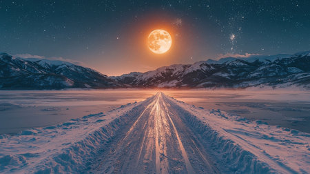 Fantastic full moon over snow-covered road in mountains at nightの素材
