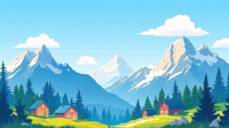 Summer mountain landscape with wooden houses and green meadow. Vector illustrationの素材