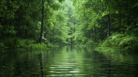 Beautiful green forest reflected in the water of a lake, nature seriesの素材
