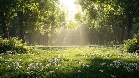 Spring meadow with daisies in the morning sun rays.の素材