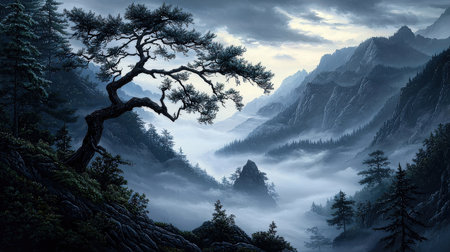 Foggy landscape with pine trees and mountains in the background.の素材