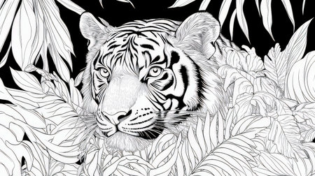 Tiger and tropical leaves. Black and white illustration for coloring book.の素材
