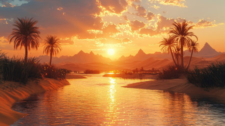 3D rendering of a desert landscape with palm trees and mountains at sunsetの素材