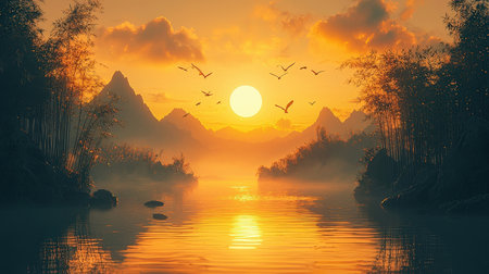 Sunset over the river. Landscape with river and mountains.の素材