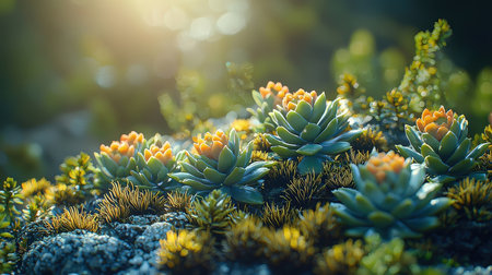 Succulent plants in the garden at sunset. Close up.の素材