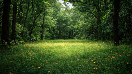 Beautiful green forest with meadow and flowers. Nature background.の素材