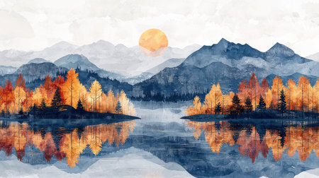 Watercolor autumn landscape with lake and mountains. Digital art painting.の素材