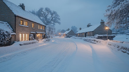 Beautiful winter landscape with old houses in the village at night.の素材