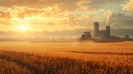 Combine harvester in action on wheat field during sunset.の素材