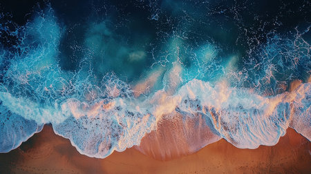 Aerial view of beautiful sandy beach with turquoise ocean waves at sunsetの素材