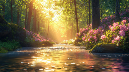 Beautiful rhododendron garden at sunset. Spring landscape.の素材