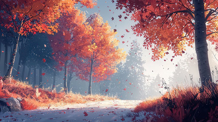 Autumn landscape with a road in the forest. Digital painting.の素材