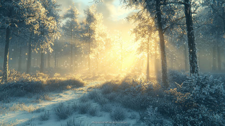 Winter landscape. Frosty morning in the snowy forest. 3d illustrationの素材