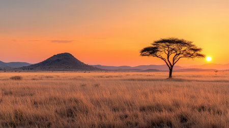 Sunset in Serengeti National Park, Tanzania, Africaの素材