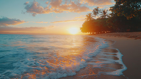 Beautiful sunset on the tropical beach with palm trees and sand.の素材
