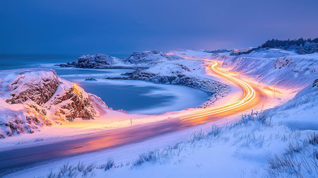 Car light trails on the snow-covered Norwegian fjord.の素材