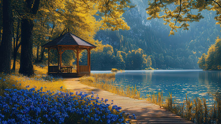 Beautiful autumn landscape with a gazebo on the lakeの素材