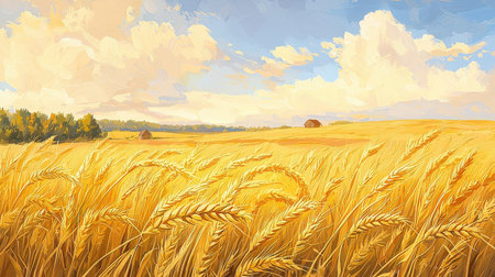 Wheat field with blue sky and clouds as background. Digital painting.の素材