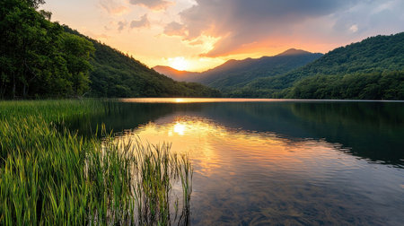 Sunset at the lake in the mountains. Beautiful nature landscape.の素材