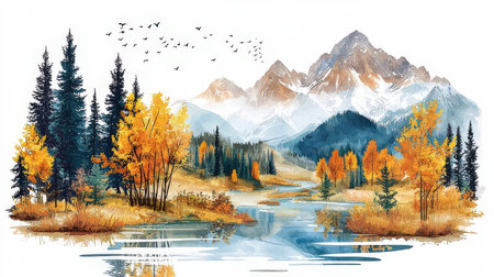 Watercolor autumn landscape with mountains, lake and forest. Hand drawn illustrationの素材