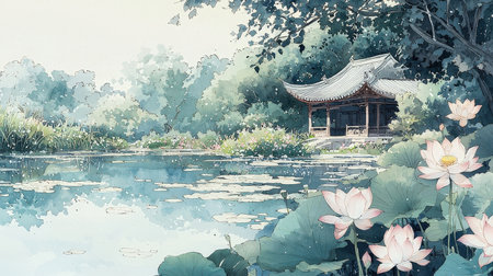Chinese style pavilion in the pond with lotus flower, digital paintingの素材