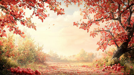 Autumn landscape with red leaves and rowan trees. 3d renderの素材