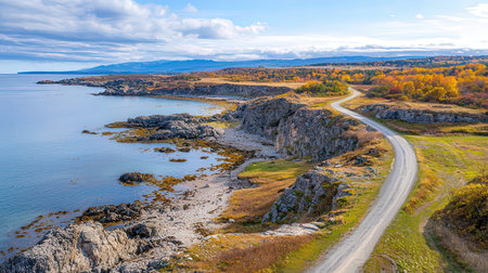 Autumn landscape of the Norwegian fjord and the road.の素材
