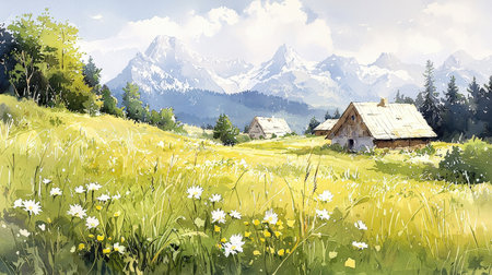Beautiful spring landscape with meadow and village. Digital painting.の素材