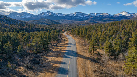 Aerial view of road in Rocky Mountain National Park, Colorado.の素材