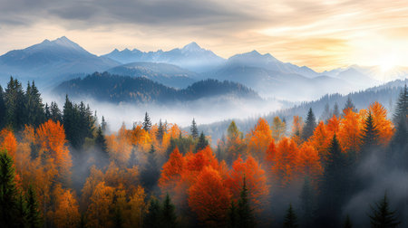 Colorful autumn landscape in the mountains. Sunrise in the forest.の素材