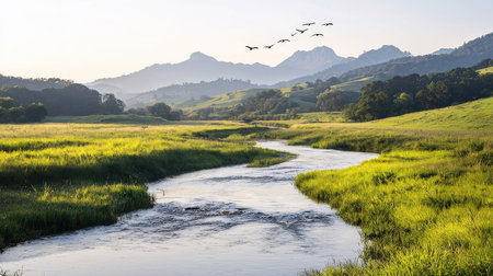 Beautiful landscape with a small river and mountains in the background.の素材