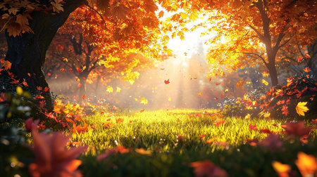 Autumn landscape with bright colorful foliage and sunbeams. Indian summer.の素材