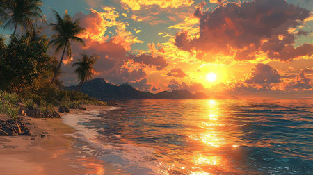 Beautiful seascape with palm trees and sunset. 3d renderの素材