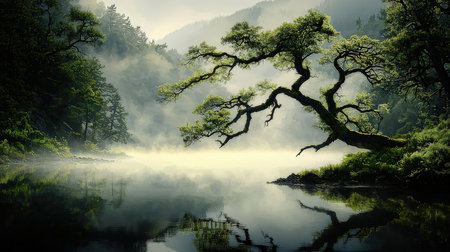 Beautiful landscape of lake and old tree in foggy morning.の素材