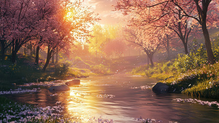 Beautiful spring landscape with blooming trees and river at sunset.の素材