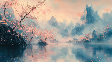 Beautiful landscape with lake and trees in the fog. Digital painting.の素材