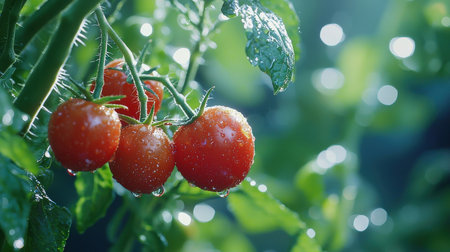 Cherry tomatoes on a branch in the garden. Selective focus.の素材