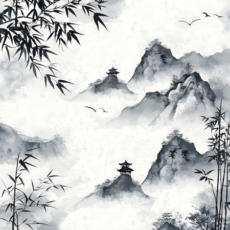Seamless pattern with japanese pagoda and bamboo. Watercolor illustrationの素材