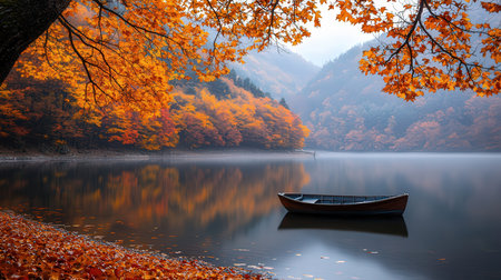 Beautiful autumn landscape with boat on the lake and colorful trees.の素材