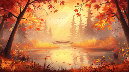 Autumn landscape with lake, forest and bridge. EPS 10 vector file includedの素材